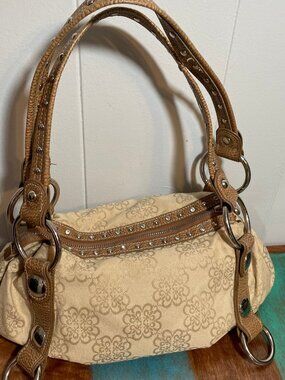 Kathy Van Zeeland Handbag Cream Color Studded With Charm Metal Accents Y2K